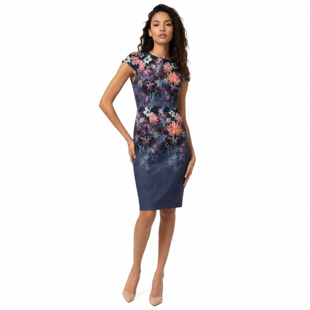Betsey Johnson Womens Sheath Dress Blue Floral Sz 0 Cap Sleeve Garden Party